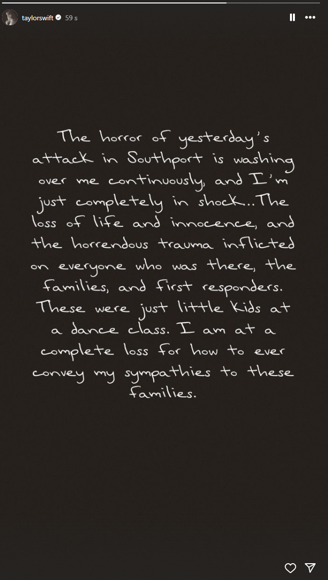 Taylor Swift temalı dans etkinliği sırasında yaşanan bıçaklı saldırının ardından ünlü şarkıcıdan mesaj