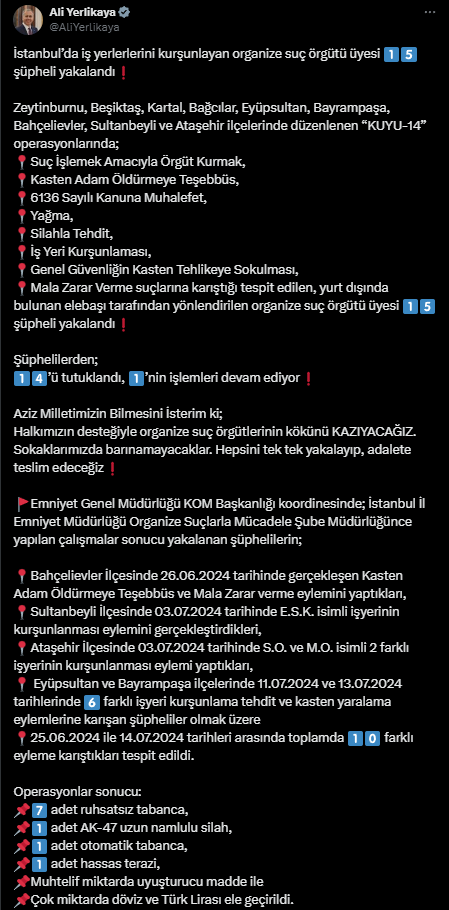 İstanbul'da organize suç örgütü operasyonu: 15 şüpheli gözaltına alındı!