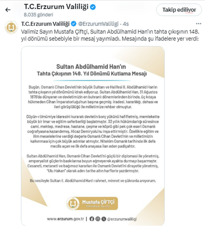 Erzurum Valisi “2. Abdülhamid”in tahta çıkışının 148. yıl dönümünü kutladı